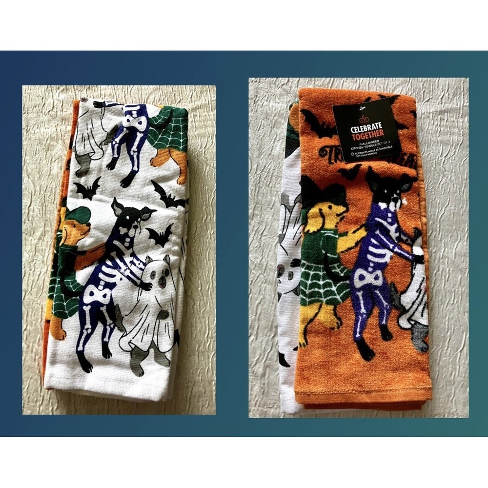 Celebrate Together Halloween Dog Kitchen Towels Set of 2 Trick for Treats Orange